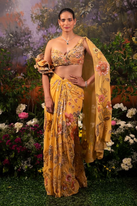 Moledro Yellow Blouse Textured Fabric Floral Printed Nargis Pre-draped Saree Skirt With 