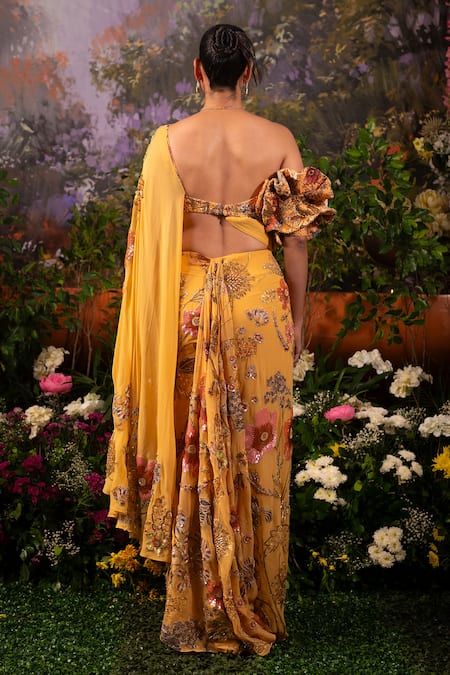 Shop Moledro Yellow Georgette Sequins, Beads Nargis Pre-draped Saree Skirt With Blouse at Aza Fashions Shop_Moledro_Yellow Georgette Sequins, Beads Nargis Pre-draped Saree Skirt With Blouse _at_Aza_Fashions