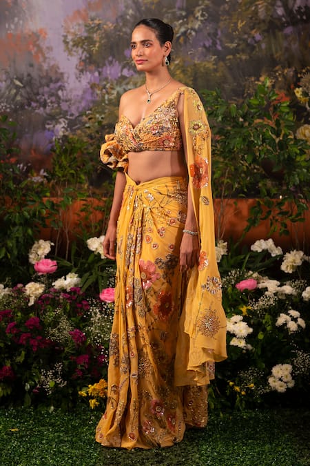 Moledro Yellow Georgette Sequins, Beads Nargis Pre-draped Saree Skirt With Blouse Online at Aza Fashions Moledro_Yellow Georgette Sequins, Beads Nargis Pre-draped Saree Skirt With Blouse _Online_at_Aza_Fashions