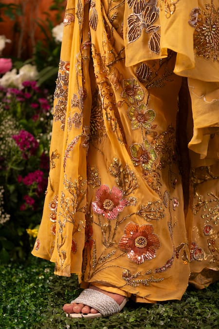 Moledro Yellow Georgette Sequins, Beads Nargis Pre-draped Saree Skirt With Blouse at Aza Fashions Moledro_Yellow Georgette Sequins, Beads Nargis Pre-draped Saree Skirt With Blouse _at_Aza_Fashions