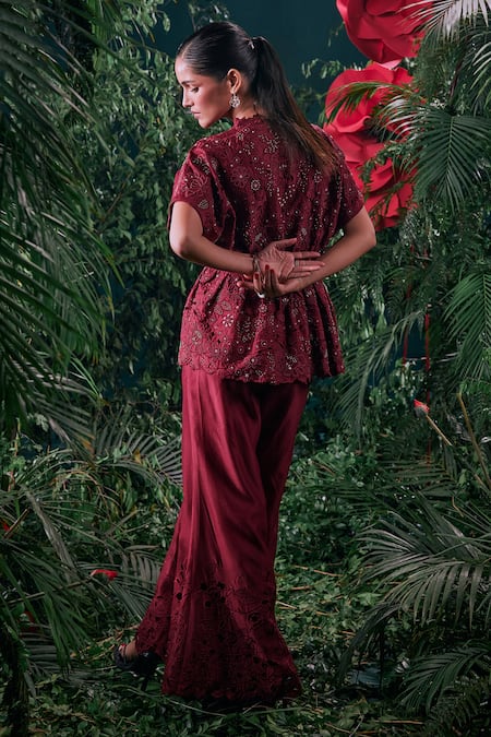 Shop Chandrima Wine Chanderi, Cotton Embroidery Flared Pant at Aza Fashions Shop_Chandrima_Wine Chanderi, Cotton Embroidery Flared Pant _at_Aza_Fashions