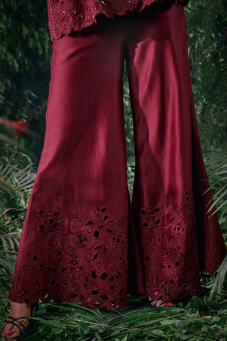 Chandrima Wine Chanderi, Cotton Embroidery Flared Pant Online at Aza Fashions Chandrima_Wine Chanderi, Cotton Embroidery Flared Pant _Online_at_Aza_Fashions