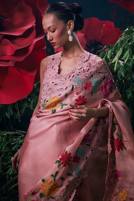 Chandrima_Pink Silk Organza Cut Work, Beads Floral And Thread Embroidered Saree _Online_at_Aza_Fashions