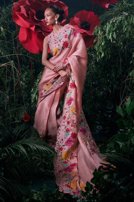 Shop_Chandrima_Pink Silk Organza Cut Work, Beads Floral And Thread Embroidered Saree _Online_at_Aza_Fashions