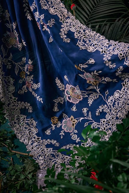 Chandrima_Blue Silk Organza Embroidery Thread And Floral Saree _Online_at_Aza_Fashions