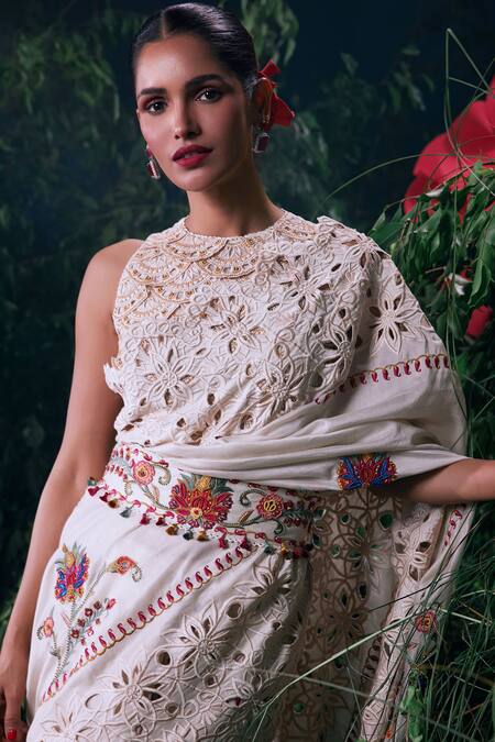 Chandrima_Ivory Chanderi Beads, Applique Floral And Thread Embroidered Saree _Online_at_Aza_Fashions
