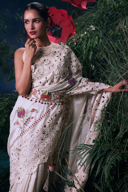 Buy_Chandrima_Ivory Chanderi Beads, Applique Floral And Thread Embroidered Saree _Online_at_Aza_Fashions