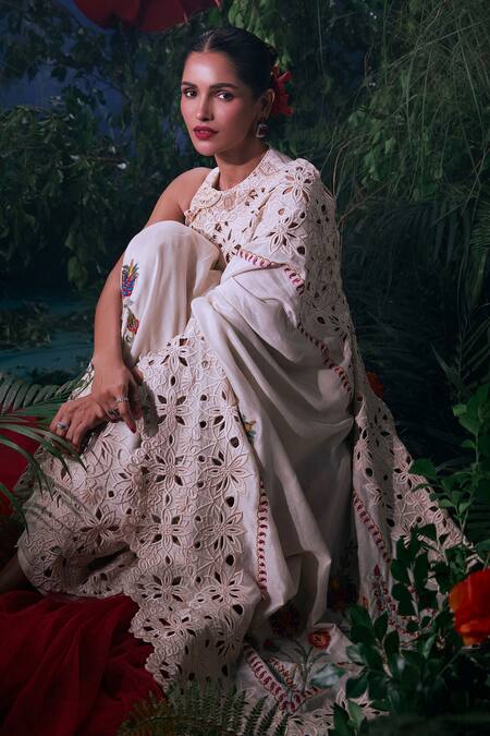 Shop_Chandrima_Ivory Chanderi Beads, Applique Floral And Thread Embroidered Saree _Online_at_Aza_Fashions