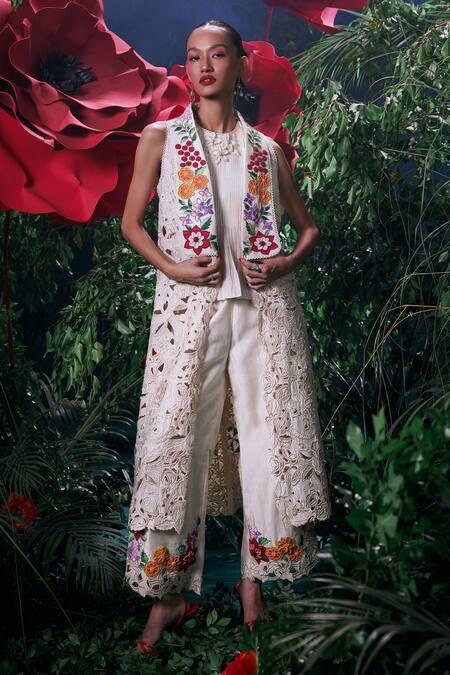 Chandrima_Ivory Chanderi, Cotton Embroidery High Neck Floral Applique Top _Online_at_Aza_Fashions