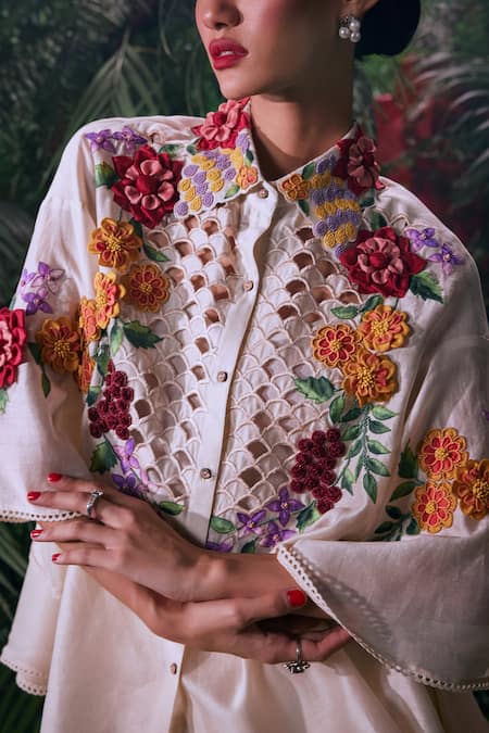 Chandrima Ivory Chanderi Embroidery, Beads Collared Applique Shirt Online at Aza Fashions Chandrima_Ivory Chanderi Embroidery, Beads Collared Applique Shirt _Online_at_Aza_Fashions