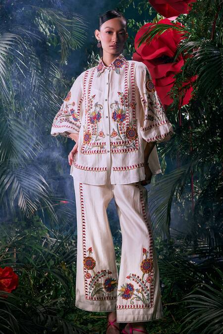 Chandrima_Ivory Chanderi Embroidery, Beads Collared Shirt _Online_at_Aza_Fashions