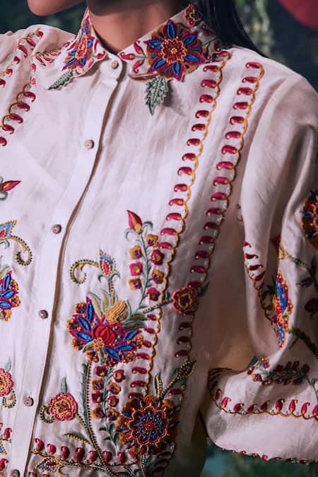 Buy_Chandrima_Ivory Chanderi Embroidery, Beads Collared Shirt _Online_at_Aza_Fashions