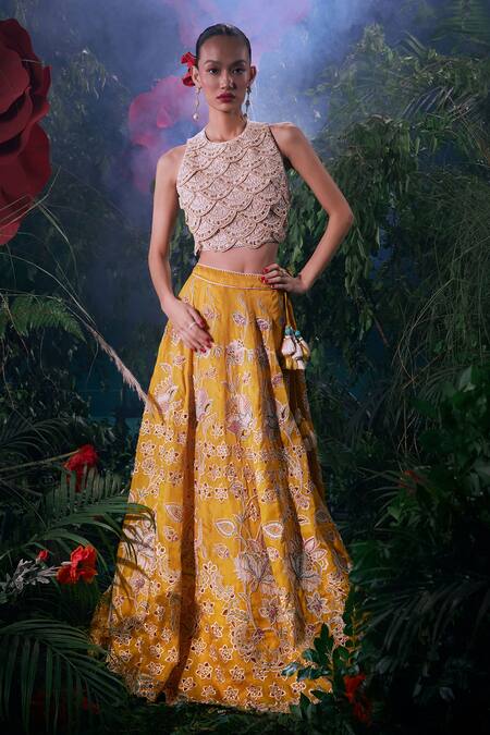 Chandrima_Ivory Chanderi, Cotton Cut Work, Beads High Neck Embroidered Top _Online_at_Aza_Fashions