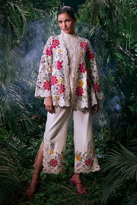 Chandrima_Ivory Chanderi High Neck Ruched Top _Online_at_Aza_Fashions