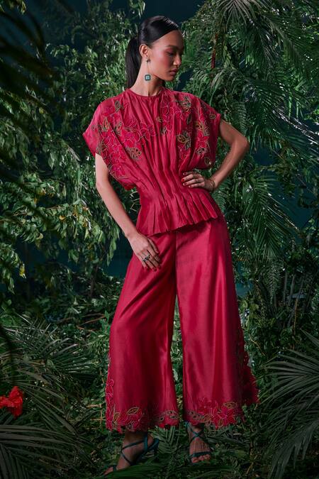 Chandrima Fuchsia Chanderi Beads Round Neck Pleated Top Online at Aza Fashions Chandrima_Fuchsia Chanderi Beads Round Neck Pleated Top _Online_at_Aza_Fashions