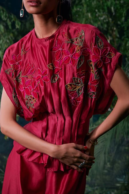 Buy Chandrima Fuchsia Chanderi Beads Round Neck Pleated Top Online at Aza Fashions Buy_Chandrima_Fuchsia Chanderi Beads Round Neck Pleated Top _Online_at_Aza_Fashions