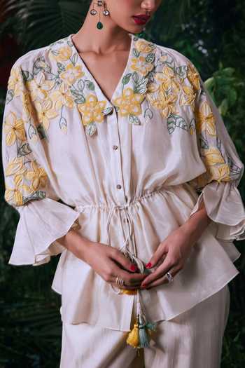 Chandrima_Ivory Chanderi Embroidery, Beads Collared Floral Applique Shirt _Online_at_Aza_Fashions