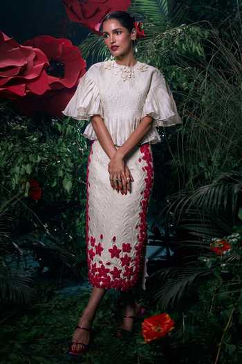 Chandrima_Ivory Chanderi, Cotton Embroidery High Neck Floral Top _Online_at_Aza_Fashions