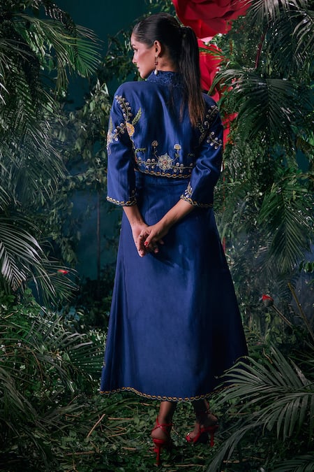 Shop Chandrima Blue Chanderi, Cotton Embroidery, Beads, Applique Floral Work Cropped Shirt at Aza Fashions Shop_Chandrima_Blue Chanderi, Cotton Embroidery, Beads, Applique Floral Work Cropped Shirt _at_Aza_Fashions