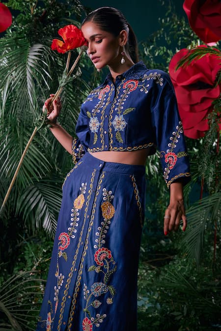 Buy Chandrima Blue Chanderi, Cotton Embroidery, Beads, Applique Floral Work Cropped Shirt Online at Aza Fashions Buy_Chandrima_Blue Chanderi, Cotton Embroidery, Beads, Applique Floral Work Cropped Shirt _Online_at_Aza_Fashions