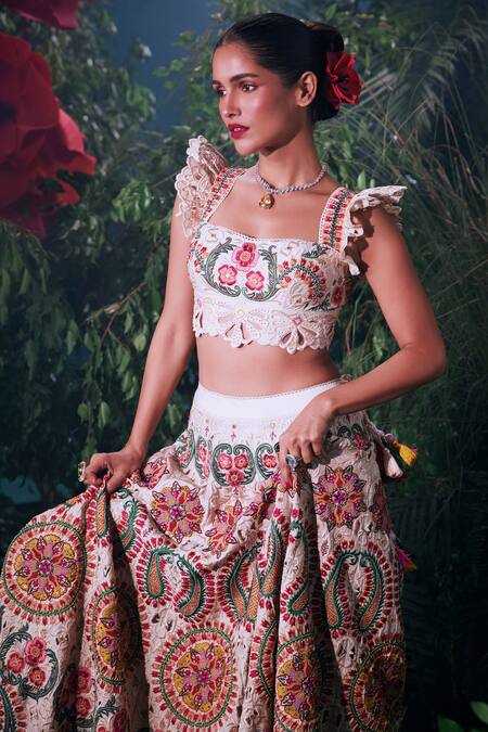 Chandrima_Ivory Chanderi, Cotton Embroidery Square Threadwork And Bustier Blouse _Online_at_Aza_Fashions