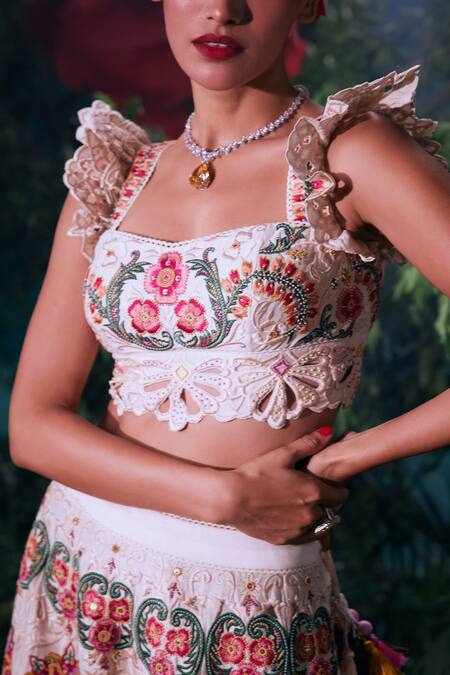 Buy_Chandrima_Ivory Chanderi, Cotton Embroidery Square Threadwork And Bustier Blouse _Online_at_Aza_Fashions