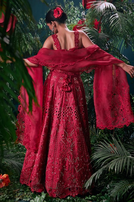 Shop_Chandrima_Red Chanderi Bead Embroidered Sweetheart Tonal Cutwork Bustier Blouse _at_Aza_Fashions
