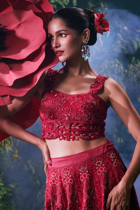 Chandrima_Red Chanderi Bead Embroidered Sweetheart Tonal Cutwork Bustier Blouse _Online_at_Aza_Fashions