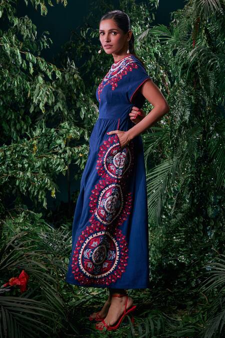 Chandrima Blue Kota Doria, Cotton Beads, Embroidery Round Neck Contrast Cordwork Dress Online at Aza Fashions Chandrima_Blue Kota Doria, Cotton Beads, Embroidery Round Neck Contrast Cordwork Dress _Online_at_Aza_Fashions