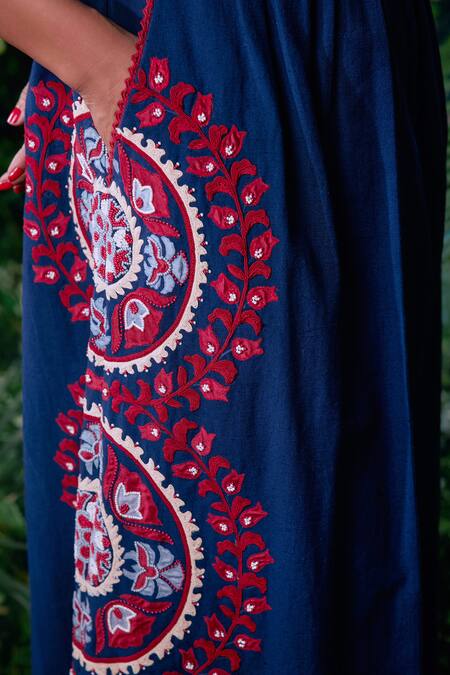 Buy Chandrima Blue Kota Doria, Cotton Beads, Embroidery Round Neck Contrast Cordwork Dress Online at Aza Fashions Buy_Chandrima_Blue Kota Doria, Cotton Beads, Embroidery Round Neck Contrast Cordwork Dress _Online_at_Aza_Fashions