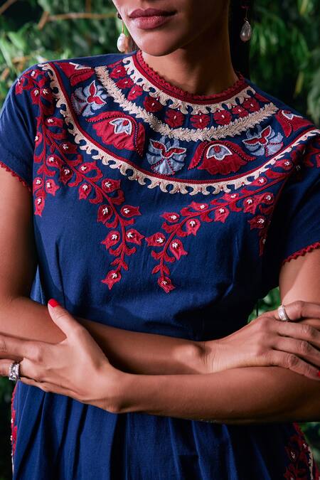 Shop Chandrima Blue Kota Doria, Cotton Beads, Embroidery Round Neck Contrast Cordwork Dress Online at Aza Fashions Shop_Chandrima_Blue Kota Doria, Cotton Beads, Embroidery Round Neck Contrast Cordwork Dress _Online_at_Aza_Fashions