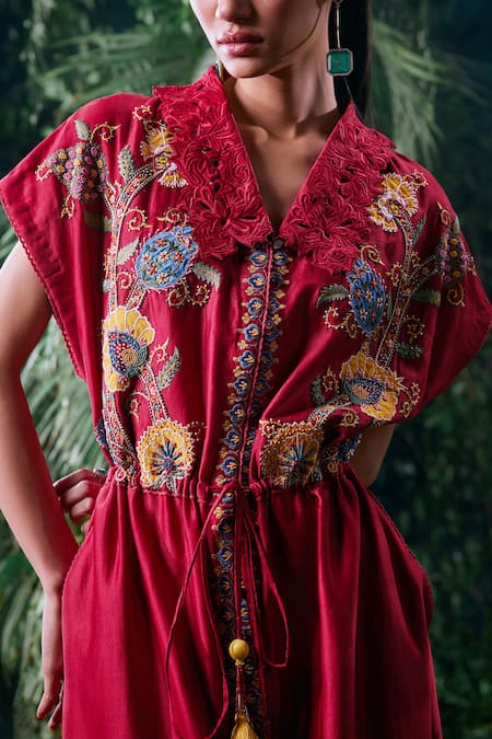 Chandrima Red Chanderi, Cotton Embroidery Collared Floral Shirt Dress Online at Aza Fashions Chandrima_Red Chanderi, Cotton Embroidery Collared Floral Shirt Dress _Online_at_Aza_Fashions