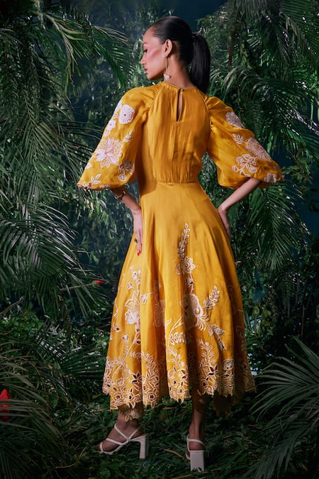 Chandrima Contrast Applique Work Ruched Dress 