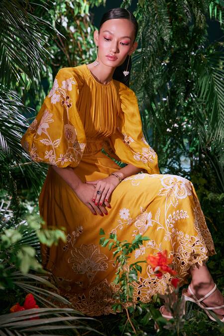 Chandrima_Yellow Chanderi, Cotton Embroidery Round Contrast Applique Work Ruched Dress _Online_at_Aza_Fashions