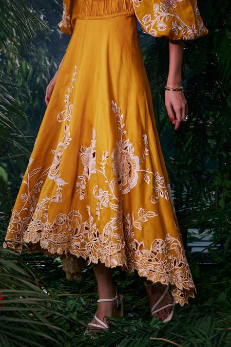 Buy_Chandrima_Yellow Chanderi, Cotton Embroidery Round Contrast Applique Work Ruched Dress _Online_at_Aza_Fashions