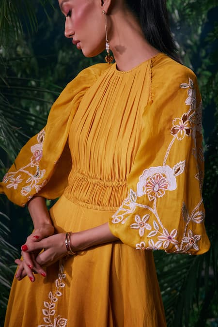 Shop_Chandrima_Yellow Chanderi, Cotton Embroidery Round Contrast Applique Work Ruched Dress _Online_at_Aza_Fashions