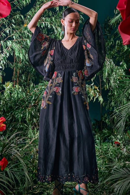 Chandrima Black Chanderi, Cotton Embroidery V-neck Pleated Ruched Dress Online at Aza Fashions Chandrima_Black Chanderi, Cotton Embroidery V-neck Pleated Ruched Dress _Online_at_Aza_Fashions