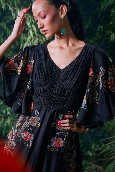 Buy Chandrima Black Chanderi, Cotton Embroidery V-neck Pleated Ruched Dress Online at Aza Fashions Buy_Chandrima_Black Chanderi, Cotton Embroidery V-neck Pleated Ruched Dress _Online_at_Aza_Fashions