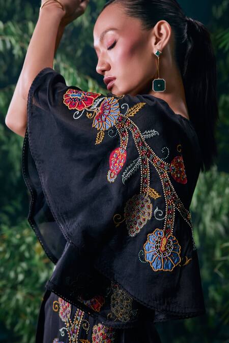 Shop Chandrima Black Chanderi, Cotton Embroidery V-neck Pleated Ruched Dress Online at Aza Fashions Shop_Chandrima_Black Chanderi, Cotton Embroidery V-neck Pleated Ruched Dress _Online_at_Aza_Fashions