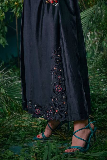 Chandrima Black Chanderi, Cotton Embroidery V-neck Pleated Ruched Dress at Aza Fashions Chandrima_Black Chanderi, Cotton Embroidery V-neck Pleated Ruched Dress _at_Aza_Fashions