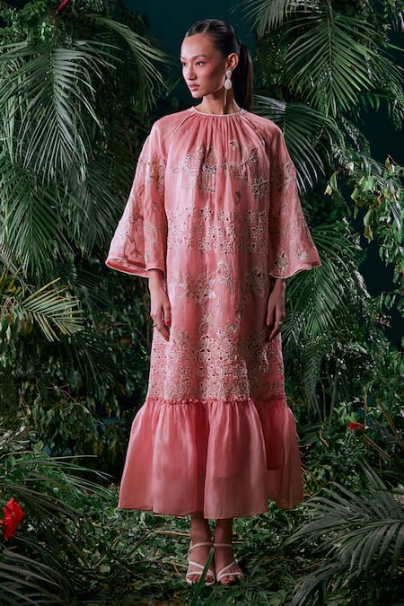 Chandrima Pink Silk Organza, Cotton Embroidery Contrast Thread And Beadwork Gathered Dress Online at Aza Fashions Chandrima_Pink Silk Organza, Cotton Embroidery Contrast Thread And Beadwork Gathered Dress _Online_at_Aza_Fashions