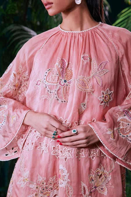 Buy Chandrima Pink Silk Organza, Cotton Embroidery Contrast Thread And Beadwork Gathered Dress Online at Aza Fashions Buy_Chandrima_Pink Silk Organza, Cotton Embroidery Contrast Thread And Beadwork Gathered Dress _Online_at_Aza_Fashions