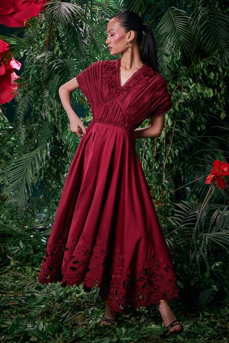 Chandrima Wine Chanderi, Cotton Embroidery V-neck 3d Floral Ruched Dress Online at Aza Fashions Chandrima_Wine Chanderi, Cotton Embroidery V-neck 3d Floral Ruched Dress _Online_at_Aza_Fashions