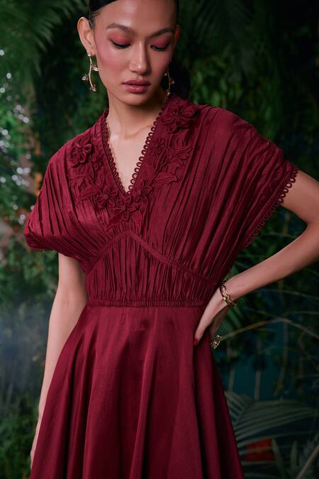 Buy Chandrima Wine Chanderi, Cotton Embroidery V-neck 3d Floral Ruched Dress Online at Aza Fashions Buy_Chandrima_Wine Chanderi, Cotton Embroidery V-neck 3d Floral Ruched Dress _Online_at_Aza_Fashions