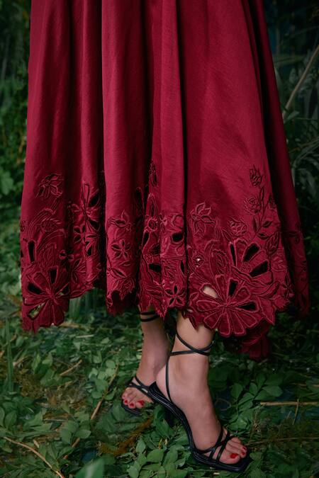 Shop Chandrima Wine Chanderi, Cotton Embroidery V-neck 3d Floral Ruched Dress Online at Aza Fashions Shop_Chandrima_Wine Chanderi, Cotton Embroidery V-neck 3d Floral Ruched Dress _Online_at_Aza_Fashions