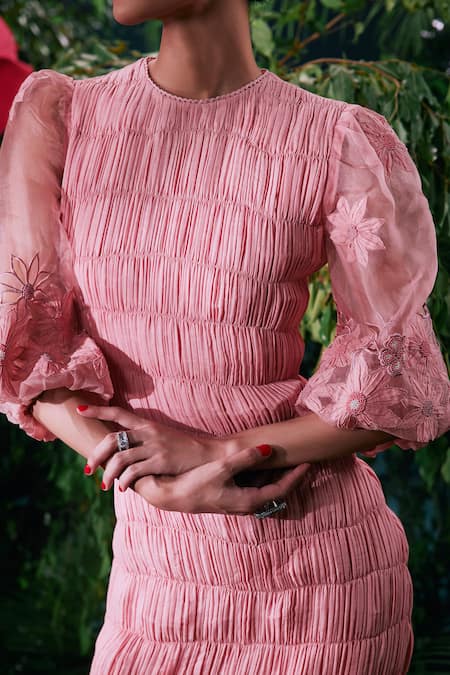 Chandrima_Pink Kota Doria, Cotton Applique, Beads Round Neck Floral Work Dress _Online_at_Aza_Fashions