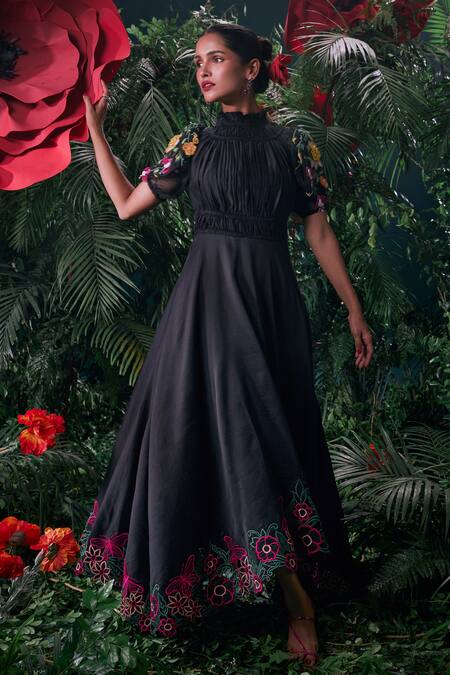 Chandrima_Black Chanderi, Cotton Embroidery High Neck Floral Applique Work Maxi Dress _Online_at_Aza_Fashions