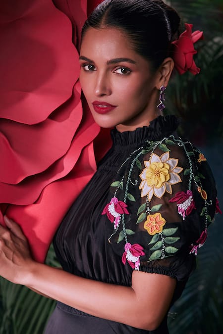 Buy_Chandrima_Black Chanderi, Cotton Embroidery High Neck Floral Applique Work Maxi Dress _Online_at_Aza_Fashions