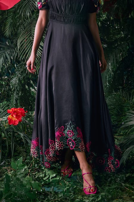 Shop_Chandrima_Black Chanderi, Cotton Embroidery High Neck Floral Applique Work Maxi Dress _Online_at_Aza_Fashions