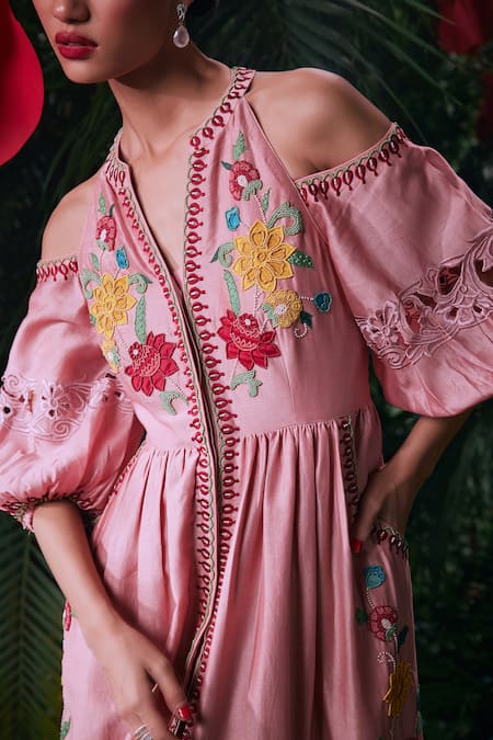 Chandrima_Pink Chanderi, Cotton Embroidery, Beads Split V-neck Cold Shoulder Maxi Dress _Online_at_Aza_Fashions